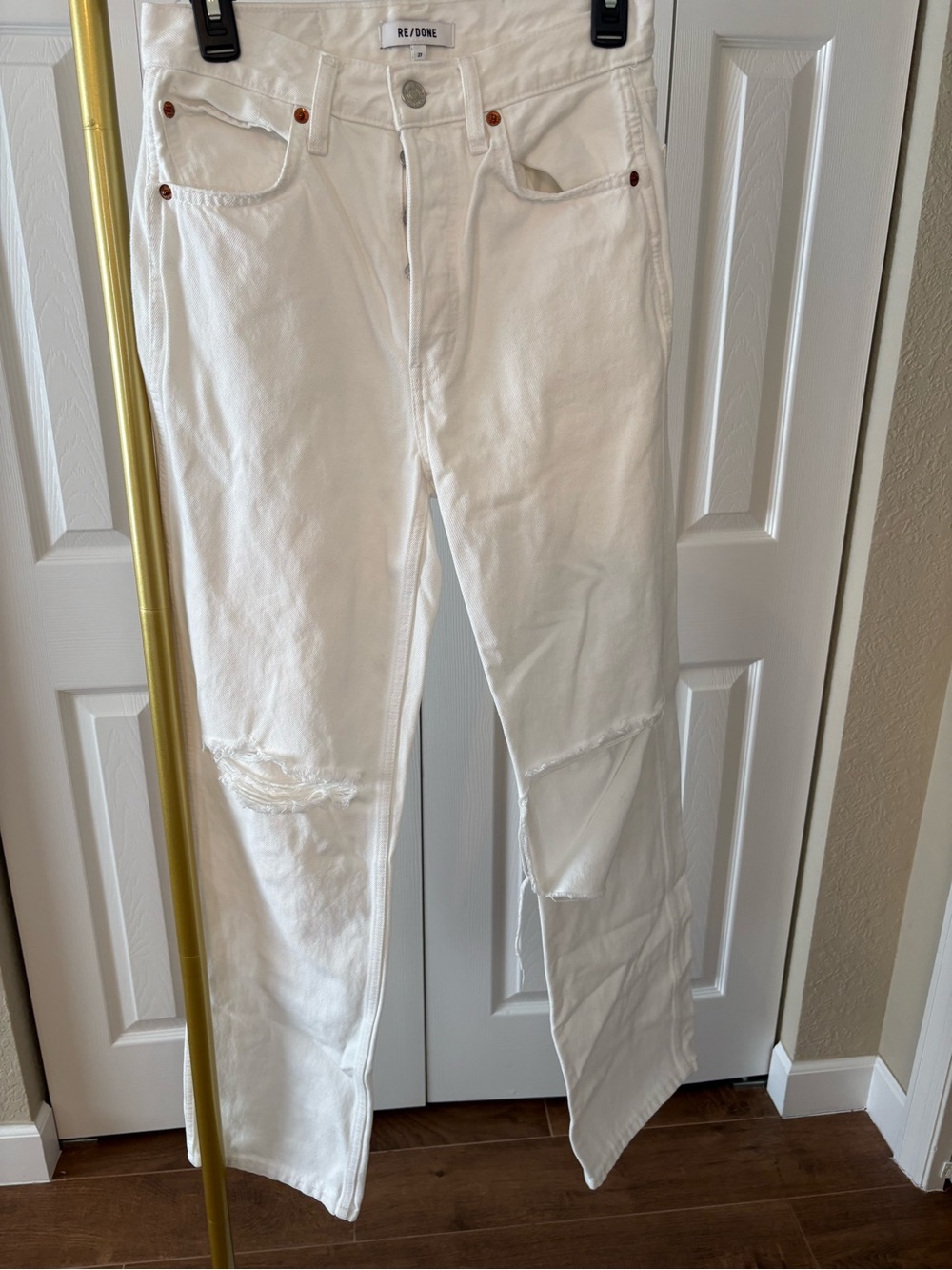 RE/DONE Jeans White Denim High Waisted Straight Leg Distressed Size  27